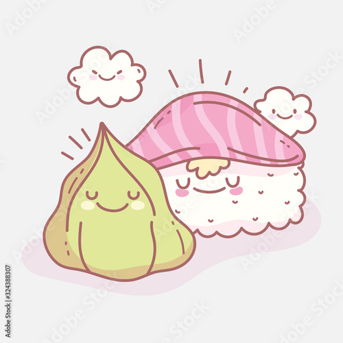 wasabi and sushi with salmon cartoon food cute