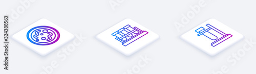 Set Isometric line Bacteria, Test tube and flask chemical and Test tube flask on stand. White square button. Vector