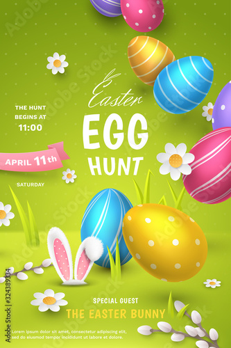 Vector cute festive poster for Easter Egg Hunt with realistic colored eggs, 3D fur ears of bunny, paper chamomiles and pussy willow on green background. Holiday cartoon scene for party invitation.