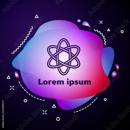 Purple line Atom icon isolated on blue background. Symbol of science, education, nuclear physics, scientific research. Abstract banner with liquid shapes. Vector Illustration