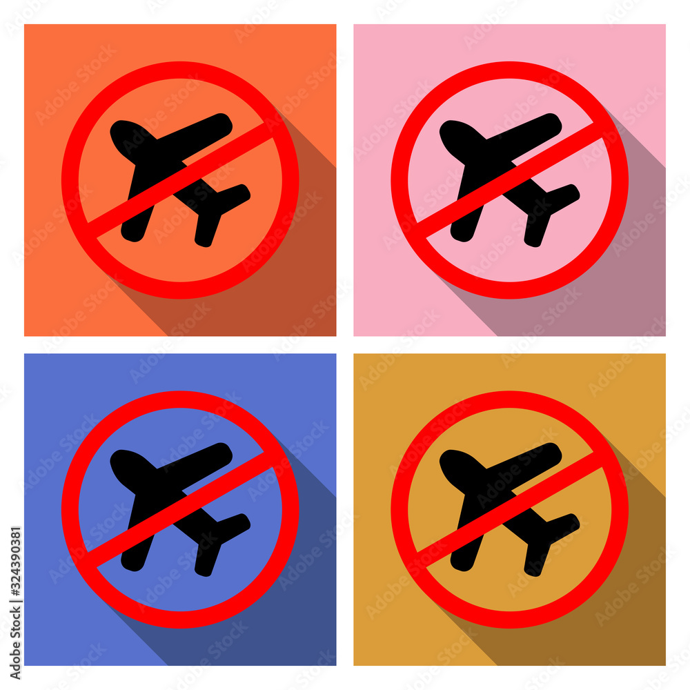 Illustration of a long shadow Prohibited Fly icon with a plane