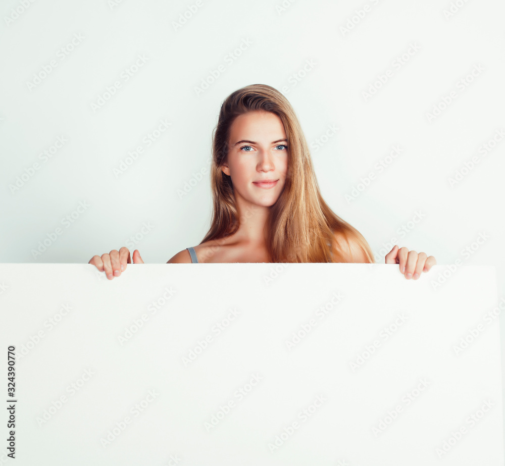 young pretty blonde girl with placard on white background half naked, shopping sale lifestyle people concept young pretty blonde girl with placard on white background half naked, shopping sale lifestyle people concept