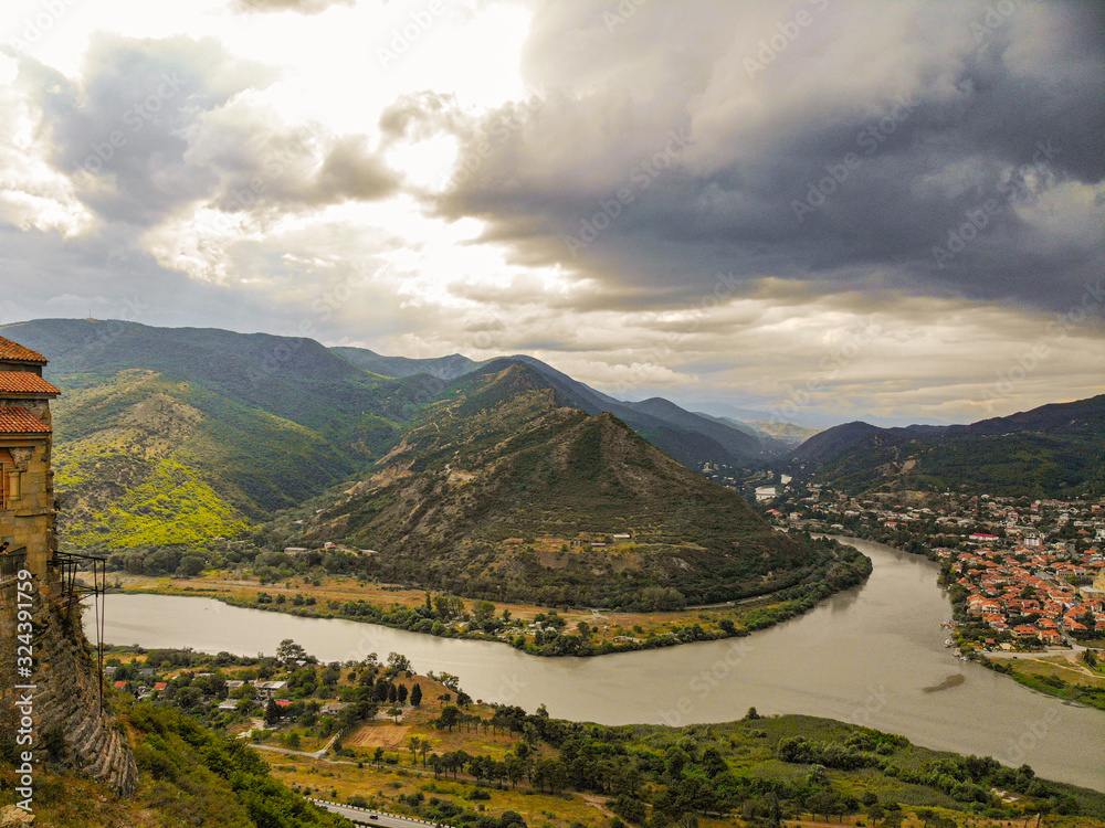 Aerial panorama of the confluence of the Kura and Aragvi rivers