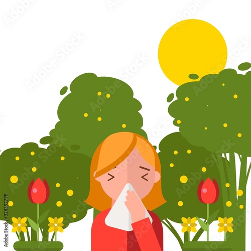 Pollen allergy, sneezing girl in spring nature, vector illustration. Simple trees and flowers, woman cartoon character in flat style. Allergy triggers in nature, flower pollen causes allergic reaction