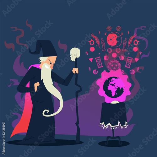 Evil wizard casting spell on planet Earth, cartoon character vector illustration. Old sorcerer with long beard and magic staff. Angry wizard cast spell with occult runes, magic symbols, evil sorcerer