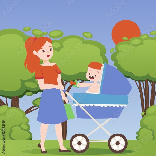 Mother walking in park with baby stroller, vector illustration. Young woman cartoon character strolling outdoor with newborn child. Mom spends time with her baby in summer nature, happy parent