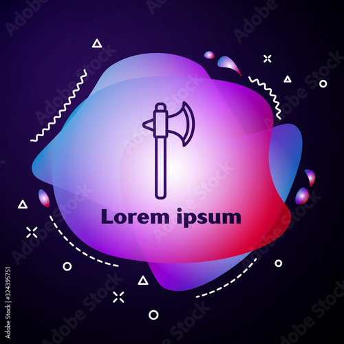 Purple line Medieval axe icon isolated on blue background. Battle axe, executioner axe. Abstract banner with liquid shapes. Vector Illustration