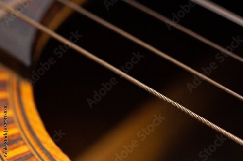 Close up of guitar strings and sound hole decor