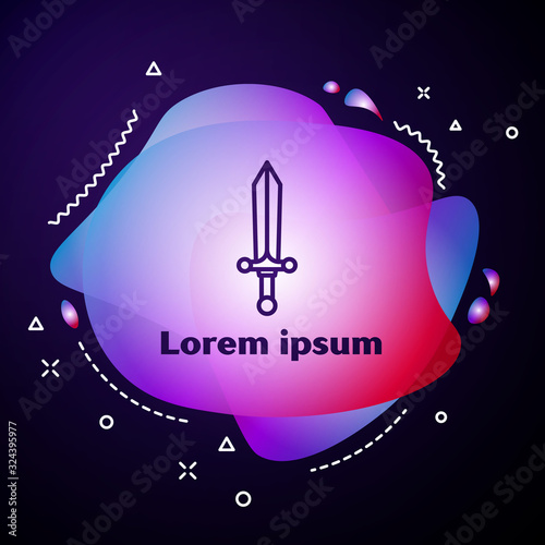 Purple line Medieval sword icon isolated on blue background. Abstract banner with liquid shapes. Vector Illustration