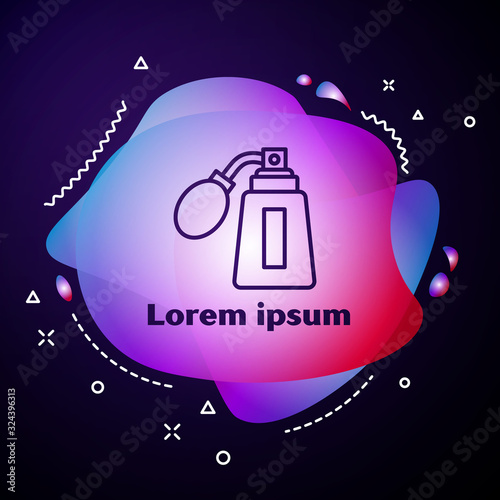 Purple line Aftershave bottle with atomizer icon isolated on blue background. Cologne spray icon. Male perfume bottle. Abstract banner with liquid shapes. Vector Illustration