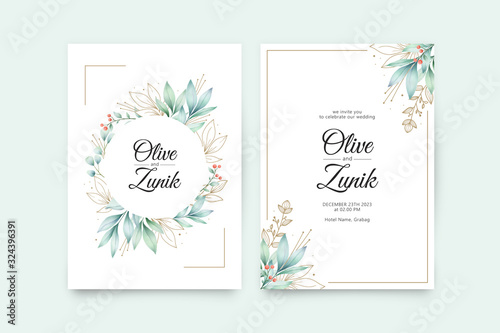 Beautiful wedding invitation template with leaves watercolor and gold color