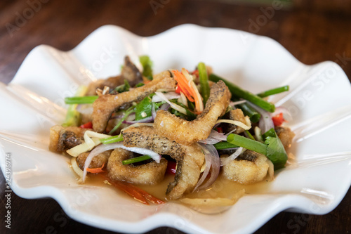 Food in a Thai restaurant Made from meat and vegetables on a tray