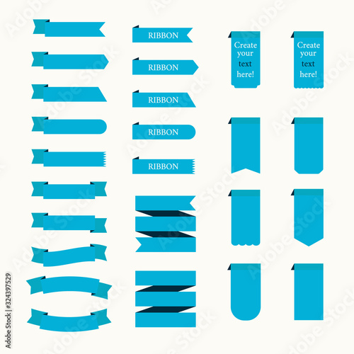 Blue ribbons and banner vector collection,Flat label and flag design on background.
