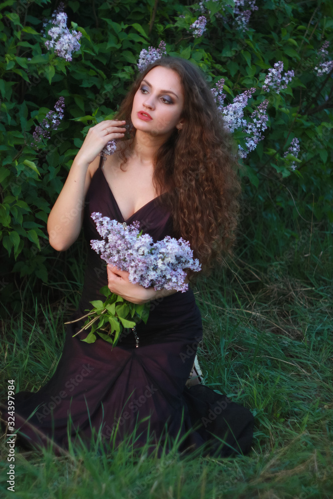 A woman dressed in a beautiful purple dress on a background of lilac bushes with a bouquet of lilac in the hands of spring. A woman dressed in a beautiful purple dress on a background of lilac bushes with a bouquet of lilac in the hands of spring.