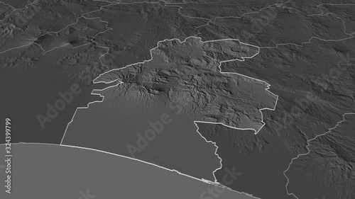 Santa Rosa, department with its capital, zoomed and extruded on the bilevel map of Guatemala in the conformal Stereographic projection. Animation 3D photo