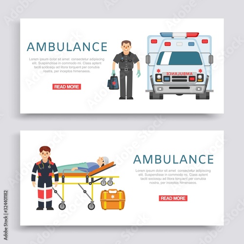 Ambulance, doctors paramedics emergency service with patient disease banners set vector illustration. Medical car and people doctors staff, healthcare emergence medicine.