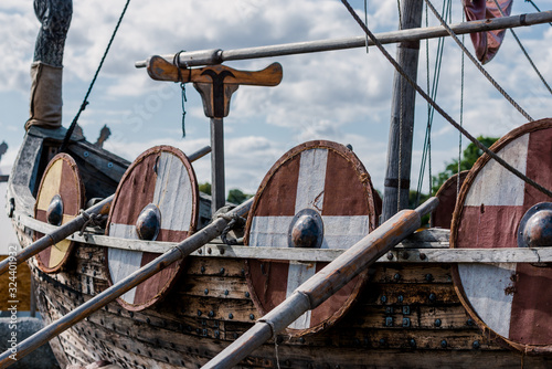 Wooden viking snekkja longship type, close-up, Finland photo