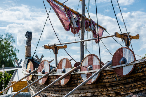 Wooden viking snekkja longship type, close-up, Finland