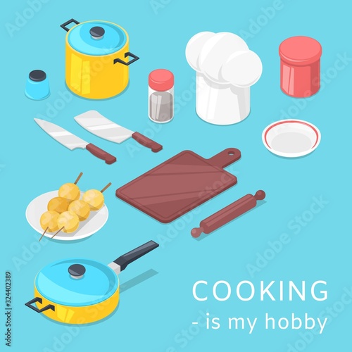 Cooking utensils and food background vector cartoon illustration. Pots, pans, vegetables, baking utensils with cutlery and fresh healthy products set. Cooking is my hobby poster.