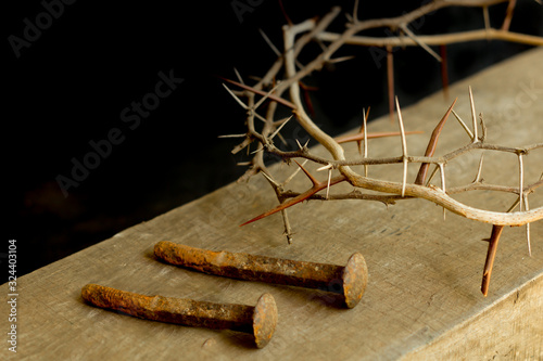 crown of thorns and nails symbols of the Christian crucifixion in Easter photo