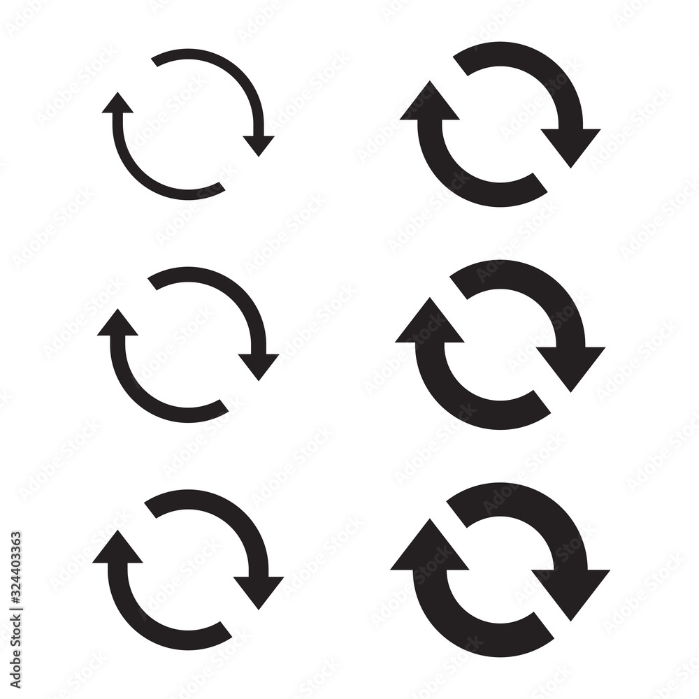 Circle arrow icon set, refresh, reload, rotation, reset, loop sign, recycle symbol, black isolated on white background, vector illustration. Circle arrow icon set, refresh, reload, rotation, reset, loop sign, recycle symbol, black isolated on white background, vector illustration.
