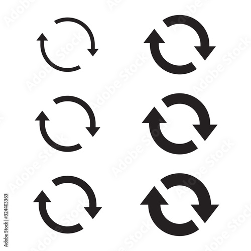 Circle arrow icon set, refresh, reload, rotation, reset, loop sign, recycle symbol, black isolated on white background, vector illustration.