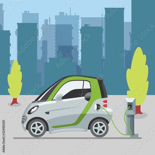 Eco transport e-car ecological electromobile in city web vector template. Electric auto with battery powered e-car on urban landscape with skyscrappers. Eco innovation in transportation.