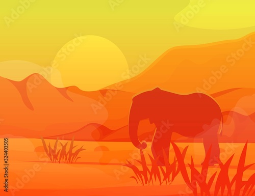 Savanna elephant in Africa travel monochrome vector illutration. Wild deserted savanna with silhoette of elephant on mountains landscape backdrop for extreme adventure travelling in wild africa.