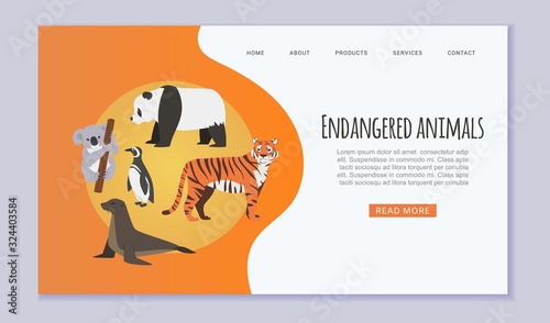 Endangered vanishing wildlife animals website vector template. Amur tiger, panda, penguin, sea seal and koala cartoon illustration save rare endangered animals website or zoo web page.