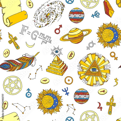 Esoteric symbols and occult objects seamless vector pattern. Cartoon esotery manuscript, eye in triangle, planets and stars, sun and astrology items. Esoterism isolated on white background.