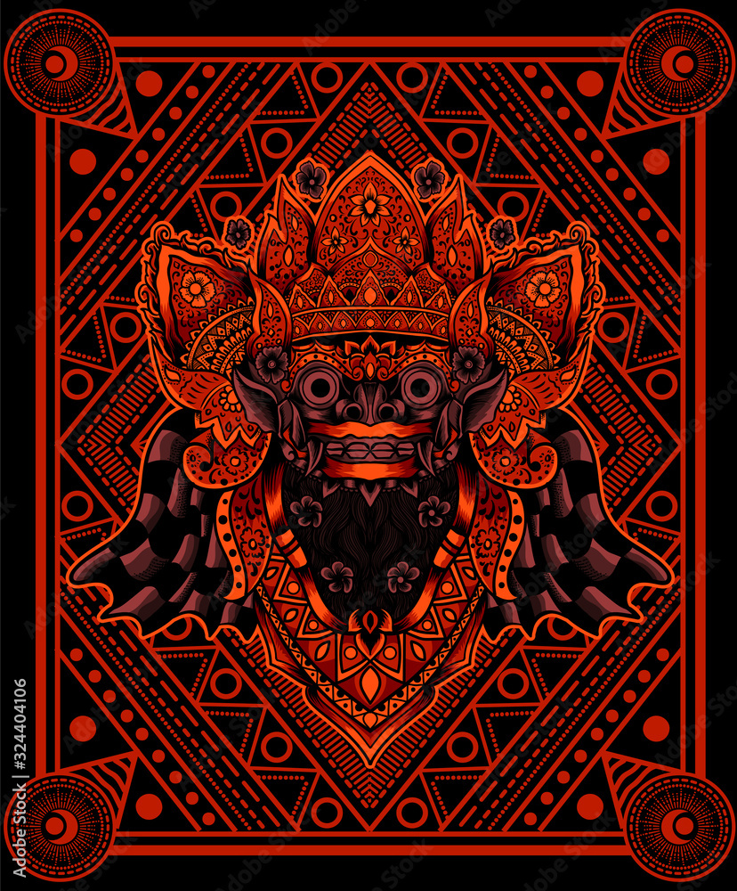 Barong head glowing red color with geometric background(balinese culture icon) Barong head glowing red color with geometric background(balinese culture icon)