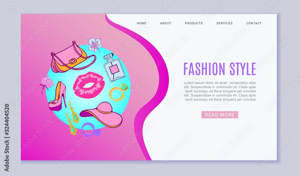 Fashion web store web template, vector illustration. Online shopping concept with cartoon clothing, accessories and shoes. Modern fashion for ladies to shop webpage or landing.
