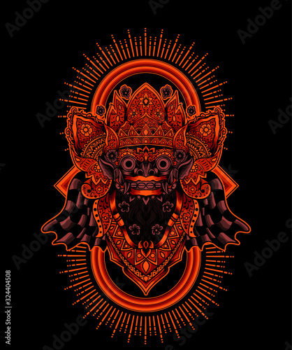 Barong head glowing red color with geometric background(balinese culture icon)