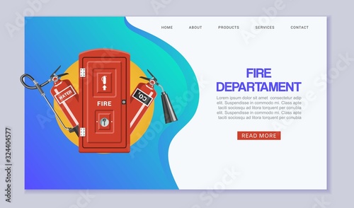 Fire departament service web template vector illustration. Cartoon red firefighter emergency tools set. Elements of the fire departament equipment and fire extinguisher website or landing.