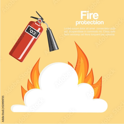 Fire protection poster vector illustration. Cartoon fire extinguisher with steam and flame, firefighter tool. Fire departament warning poster or inflaming prevention banner for print or web.