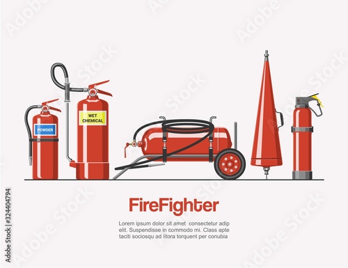 Firefighters service tools vector illustration. Cartoon emergency red firefighter rescue tools set with typography. Elements of the fire departament equipment, extinguisher for firemen.