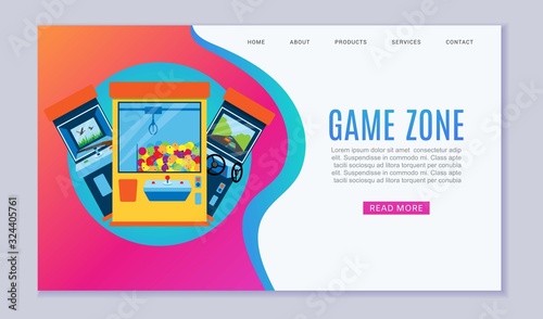 Game zone vector web template illustration. Arcade gambling games, hunting, fishing, boxing and dancing where gamesome gambler or gamer play online in computer machinery website.