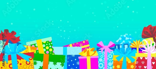 Colorful wrapped gift boxes for holidays for christmas presents with ribbons, ormaments and bows vector illustration banner. Lots of holiday gifts and presents banner. photo