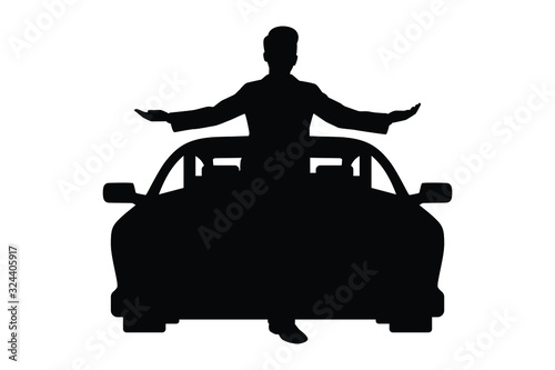 Standing business man and car silhouette vector