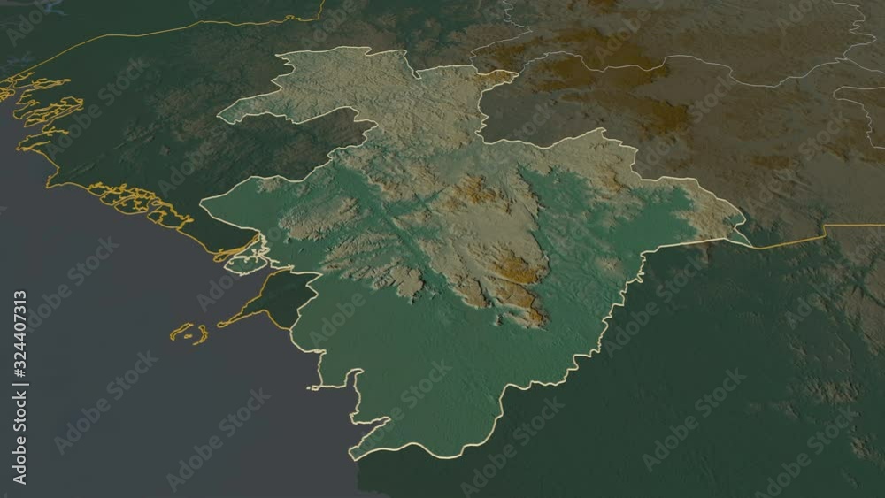 Kindia, region with its capital, zoomed and extruded on the relief map of Guinea in the conformal Stereographic projection. Animation 3D Kindia, region with its capital, zoomed and extruded on the relief map of Guinea in the conformal Stereographic projection. Animation 3D