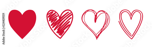 Heart on isolated white background. Different variants of love symbol. Hand drawn hearts