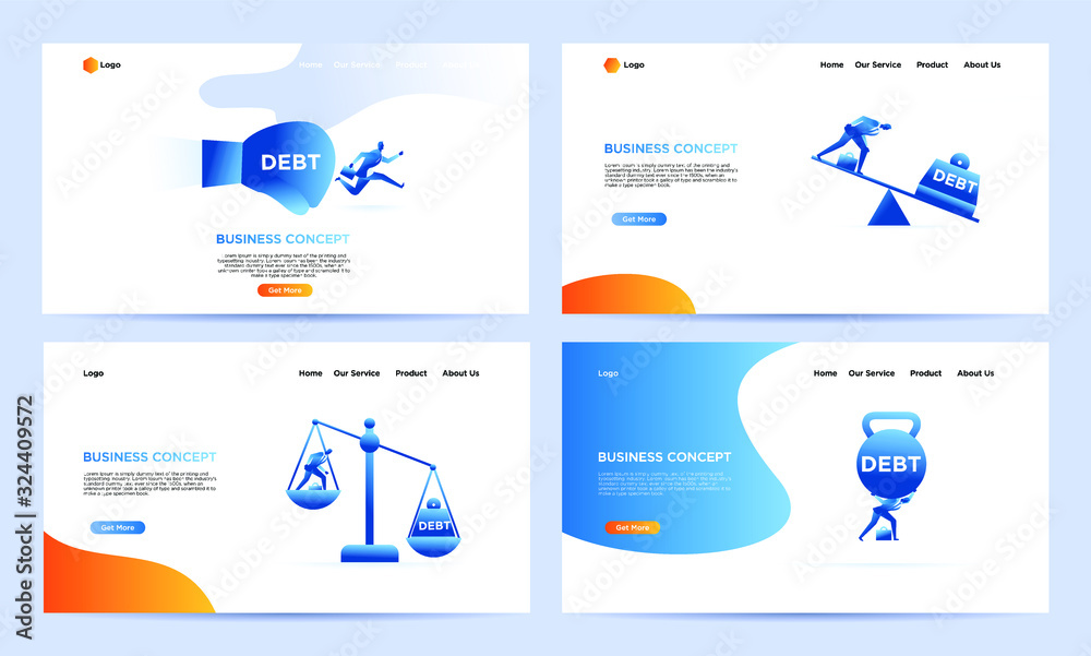 Set of landing page smart business work flat illustration. Businessman try escape from debt Set of landing page smart business work flat illustration. Businessman try escape from debt