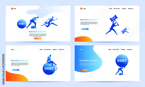 Set of landing page smart business work flat illustration. Businessman try escape from debt