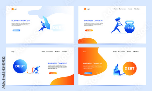 Set of landing page smart business work flat illustration. Businessman try escape from debt
