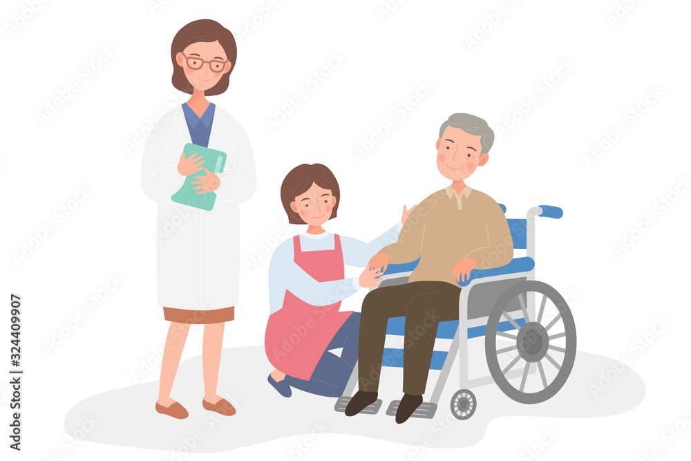 Fototapeta premium An old man in a wheelchair, female doctor and female caregiver, character isolated on white background.