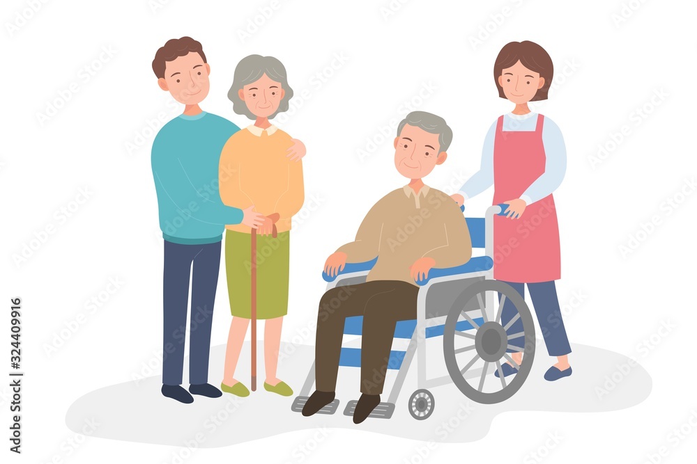 An old man in a wheelchair, female caregiver and family, character isolated on white background. An old man in a wheelchair, female caregiver and family, character isolated on white background.