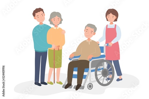 An old man in a wheelchair, female caregiver and family, character isolated on white background.