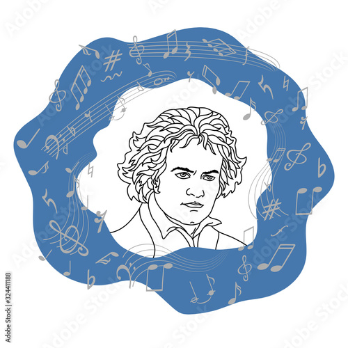  Ludwig van Beethoven. German composer and pianist. Portrait of a musician on a background of notes. Black and white hand-drawing. Isolated. For poster, web page design, postcards and other decor.