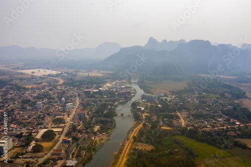aerial view of song river at vang vieng, Laos