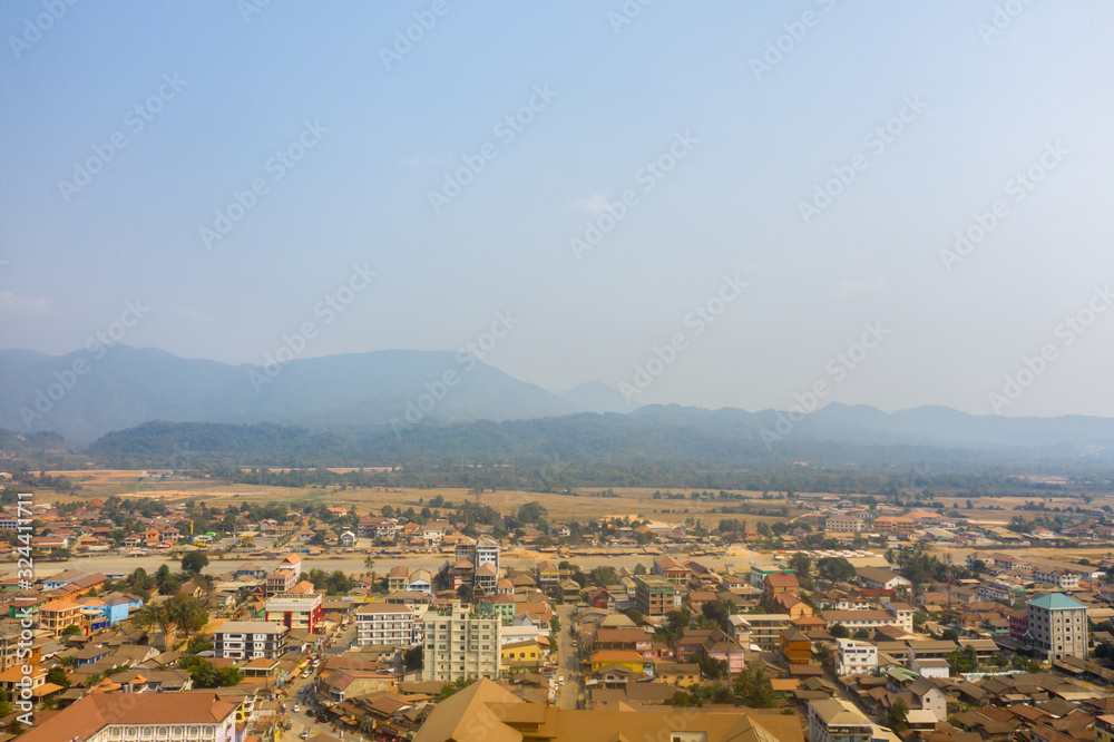 Aerial view of Vang Vieng, the adventure tourist destination in Laos